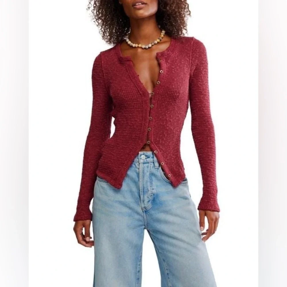 Free People It's On Ribbed Cardigan in Cabernet